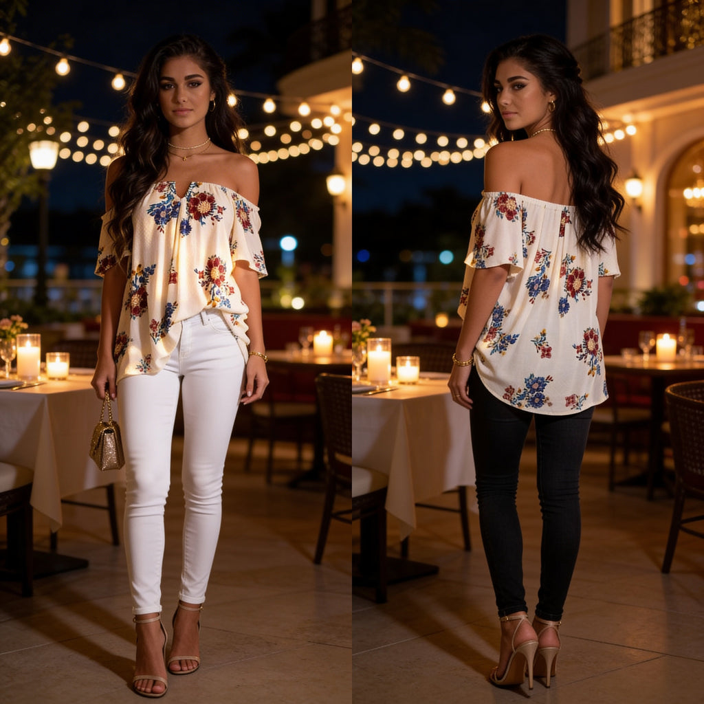 “Effortless Summer Glow Off-Shoulder Floral Blouse”