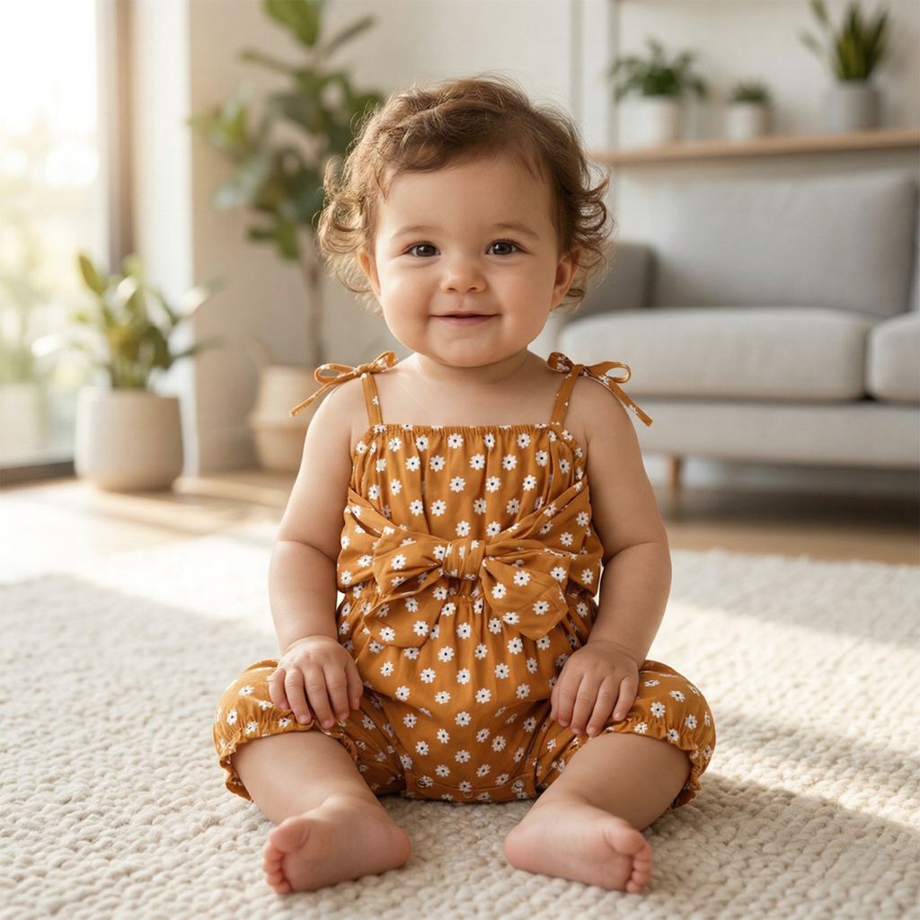 Leora Summer Romper Newborn Baby Girl Strap Bowknot Floral Romper Polka Dot Jumpsuit Outfits Sun suit — Soft Summer Outfit with Adjustable Tie Straps