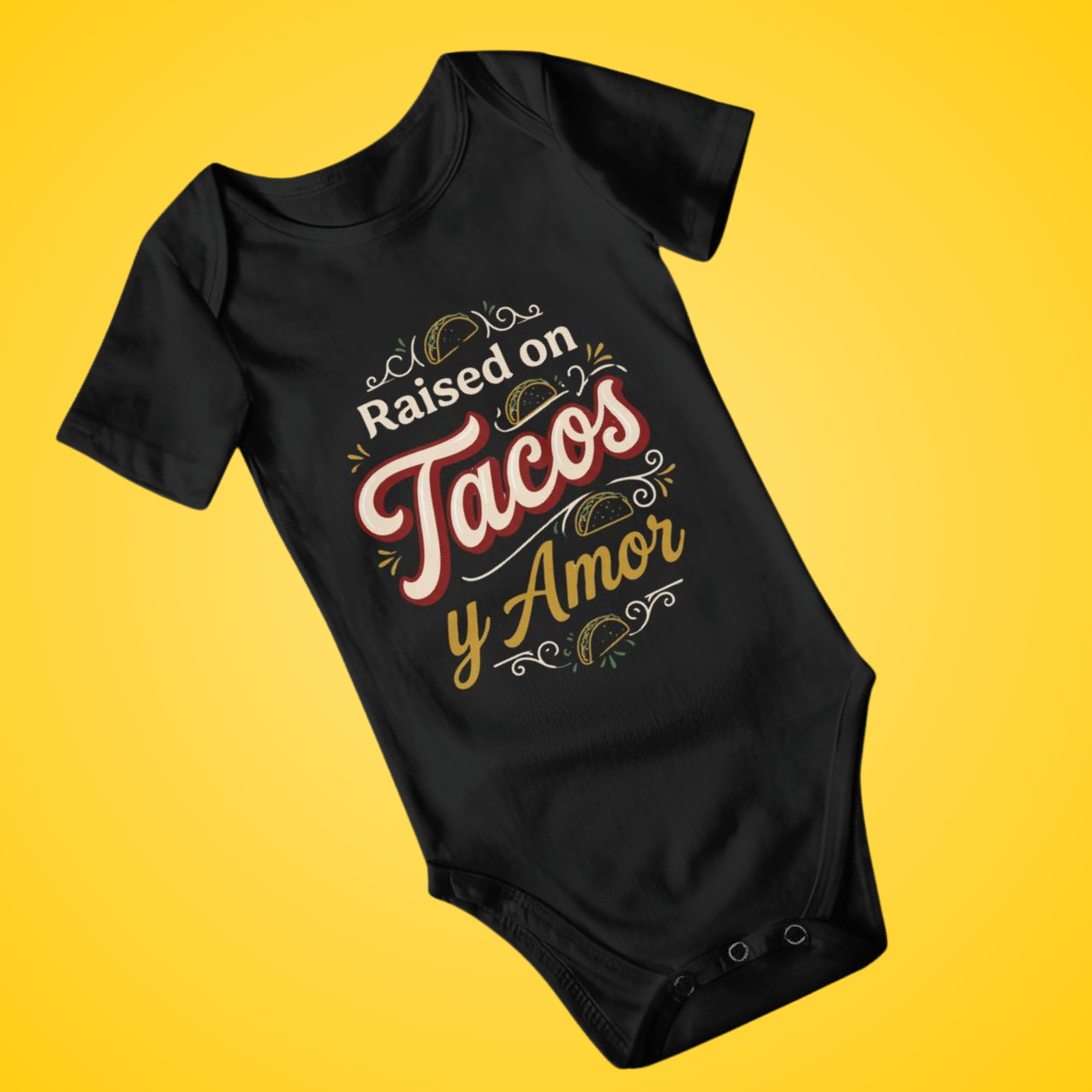 Raised on Tacos y Amor Baby Onesie – Funny Cultura Baby Bodysuit