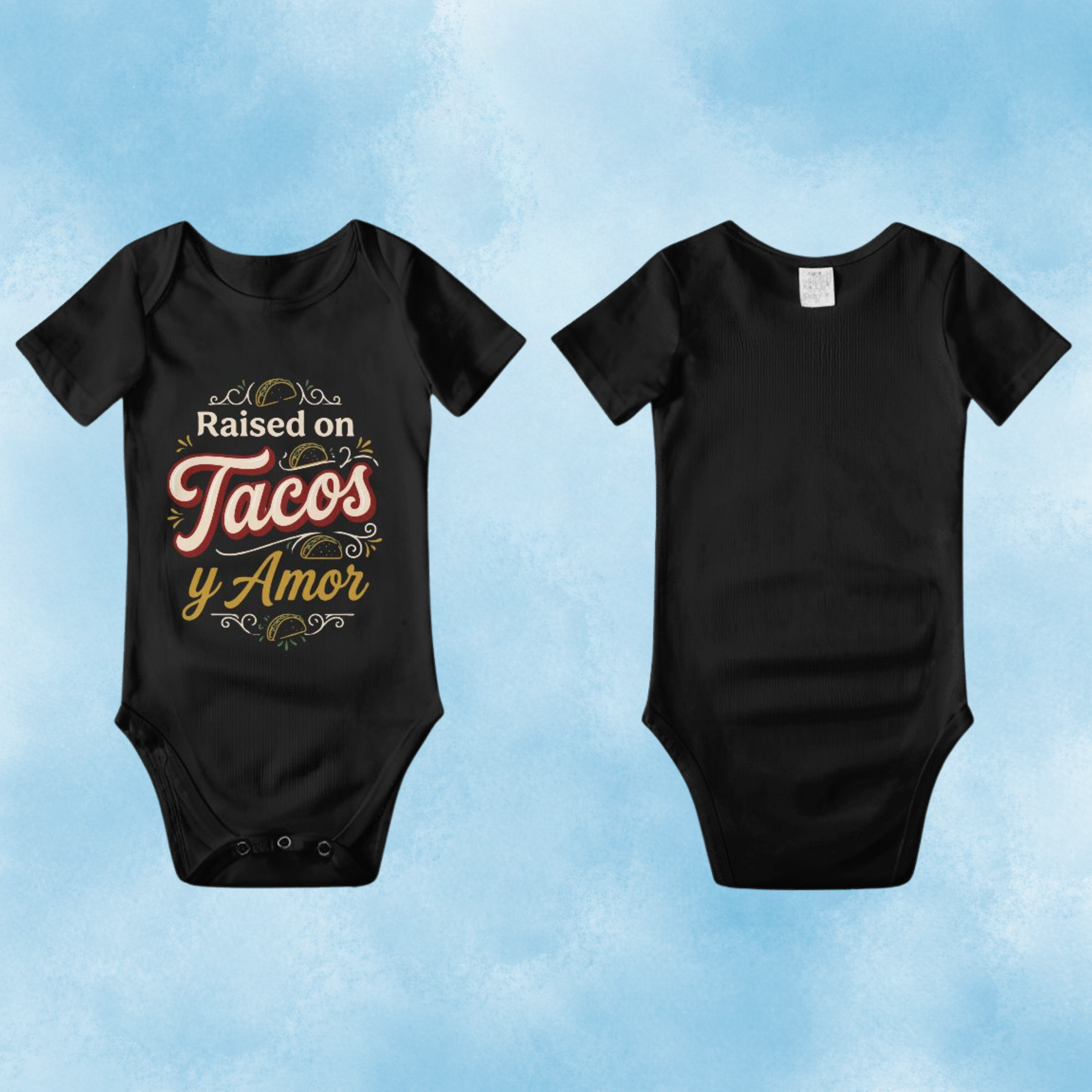 Raised on Tacos y Amor Baby Onesie – Funny Cultura Baby Bodysuit