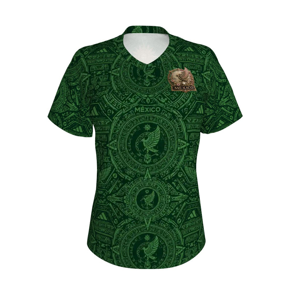 Women's México Heritage Green Performance Shirt | Aztec Soccer Lifestyle| Cultura Prints Co. V-Neck Short-Sleeve T-Shirt