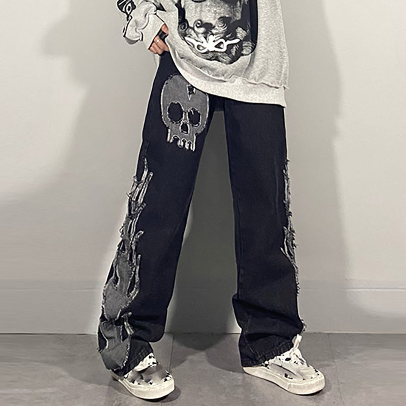 Skull Flame Streetwear Jeans – Loose Fit Graphic Denim (Unisex Alt Style)