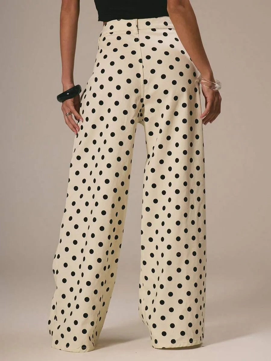 “Polka Dot Wide-Leg Pants – High-Waist Statement Fit”  Mid-rise Non-stretch Jeans
