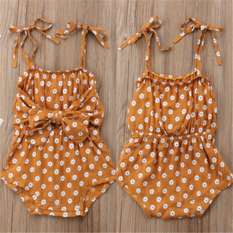 Leora Summer Romper Newborn Baby Girl Strap Bowknot Floral Romper Polka Dot Jumpsuit Outfits Sun suit — Soft Summer Outfit with Adjustable Tie Straps