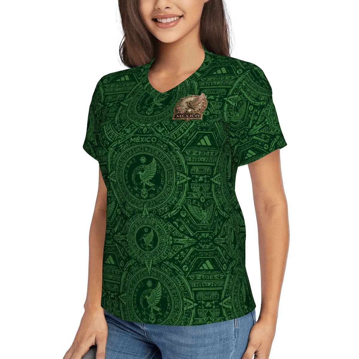 Women's México Heritage Green Performance Shirt | Aztec Soccer Lifestyle| Cultura Prints Co. V-Neck Short-Sleeve T-Shirt