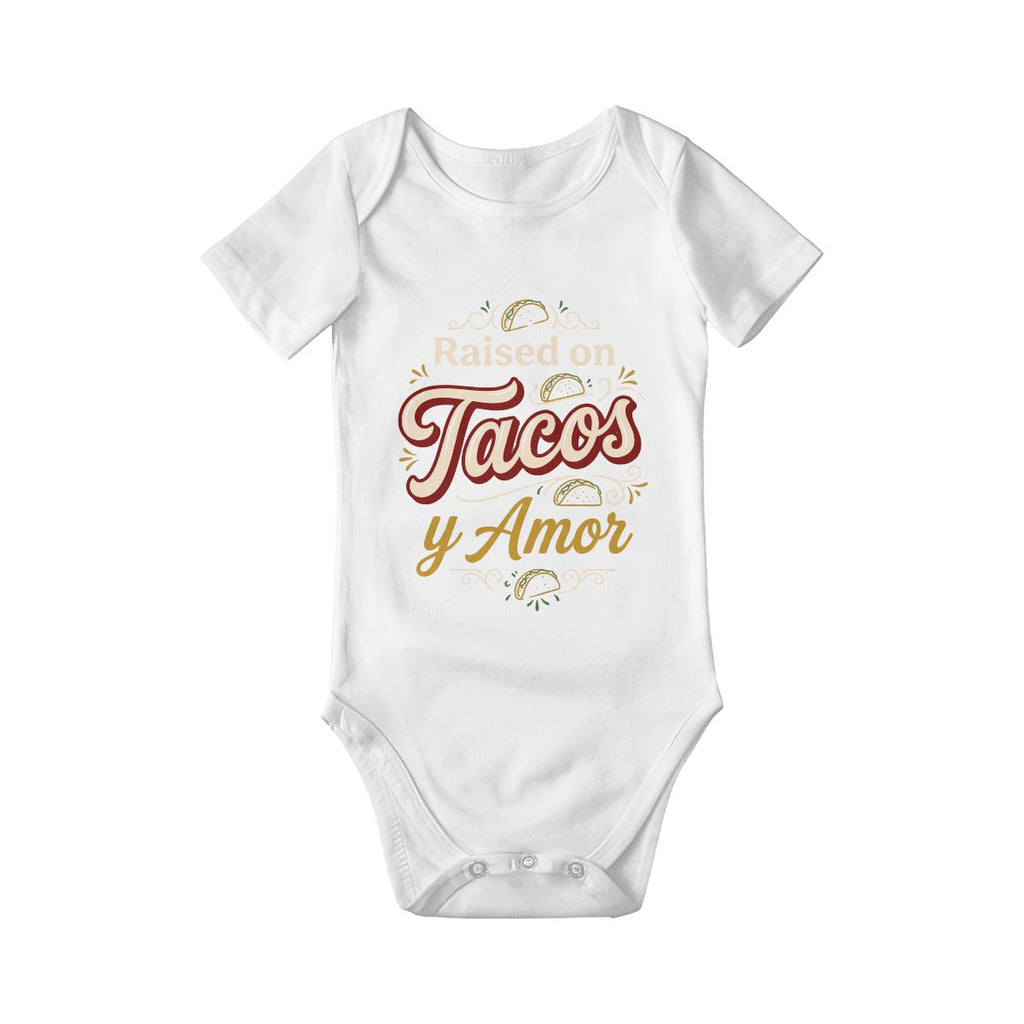 Raised on Tacos y Amor Baby Onesie – Funny Cultura Baby Bodysuit