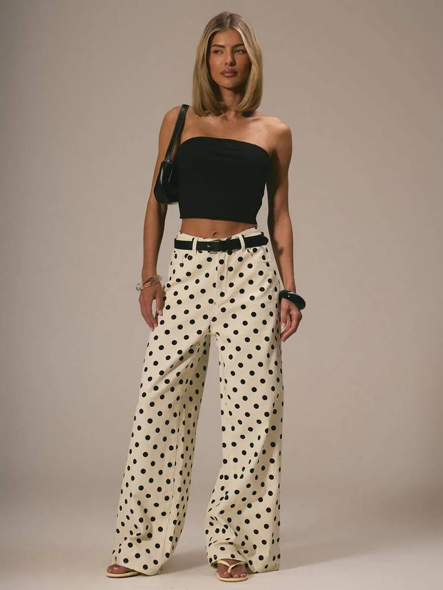 “Polka Dot Wide-Leg Pants – High-Waist Statement Fit”  Mid-rise Non-stretch Jeans