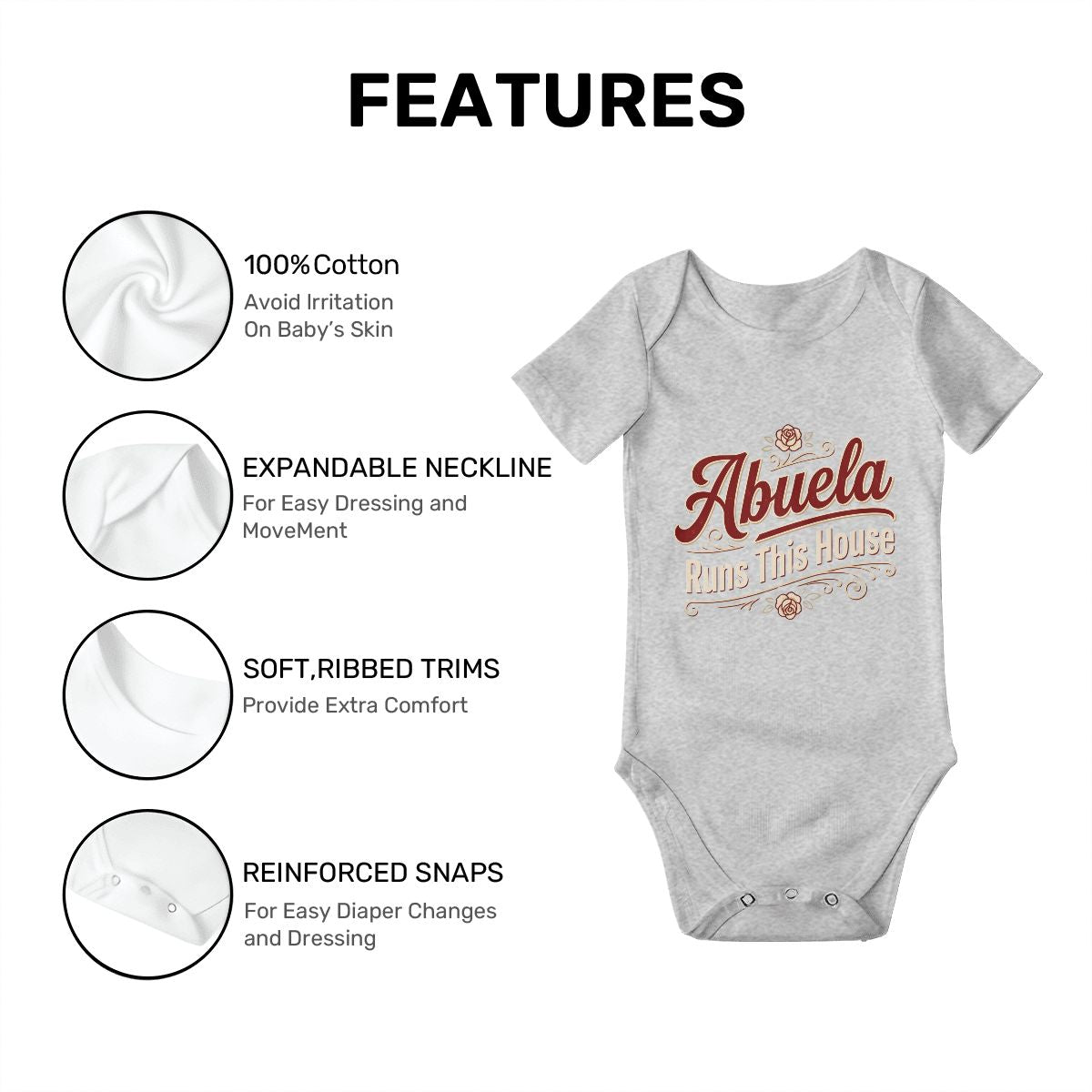 Abuela Runs This House Baby Onesie – Funny Cultura Baby Bodysuit