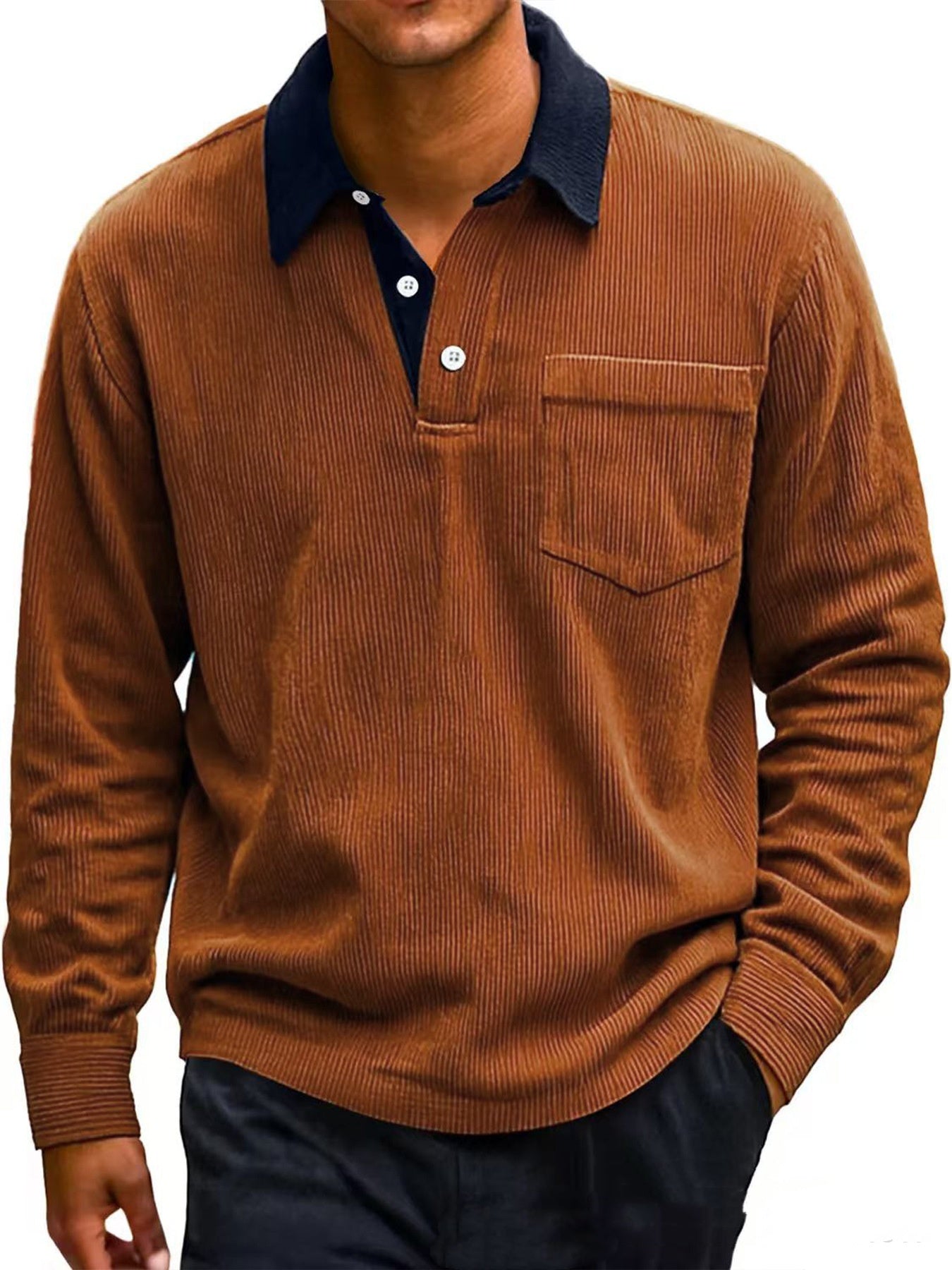 Men’s Vintage Corduroy Polo – Clean Fit Long Sleeve Shirt