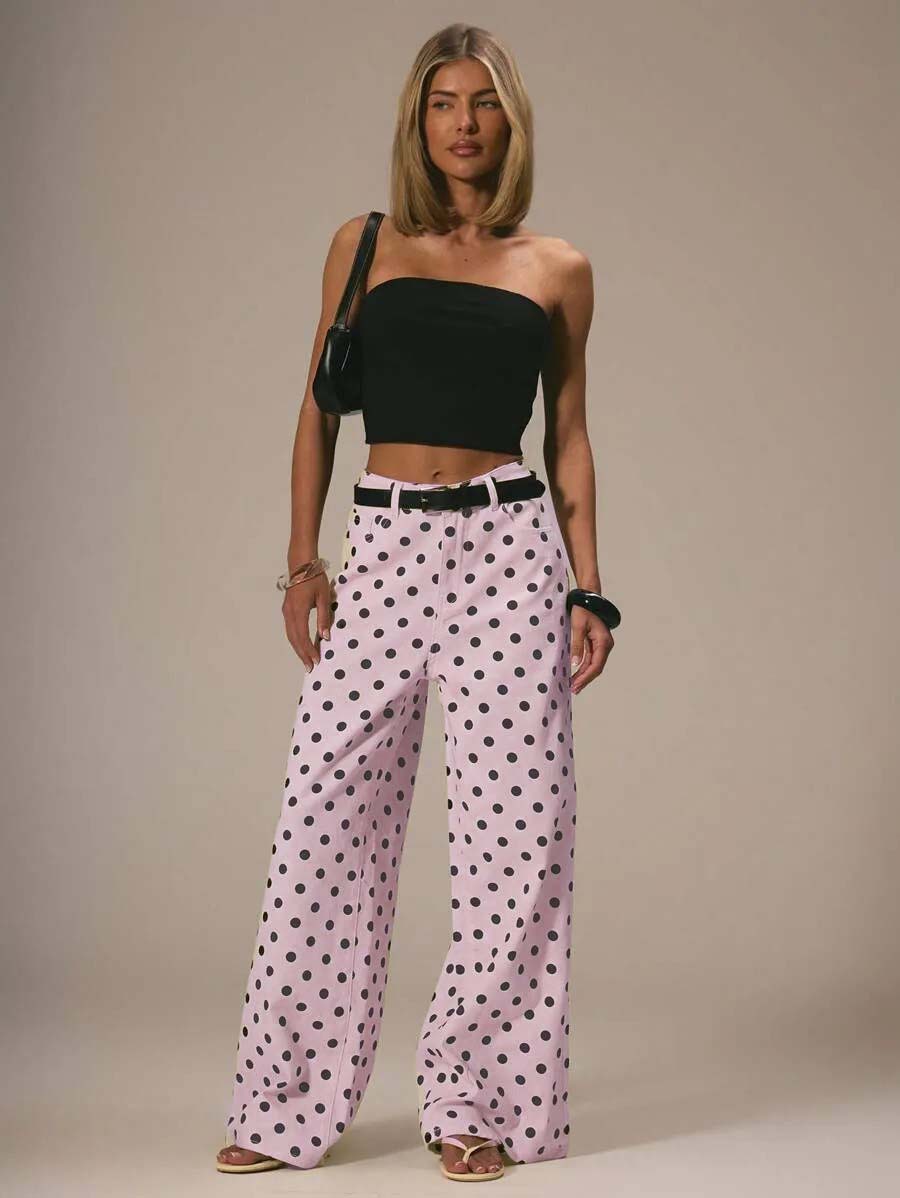 “Polka Dot Wide-Leg Pants – High-Waist Statement Fit”  Mid-rise Non-stretch Jeans