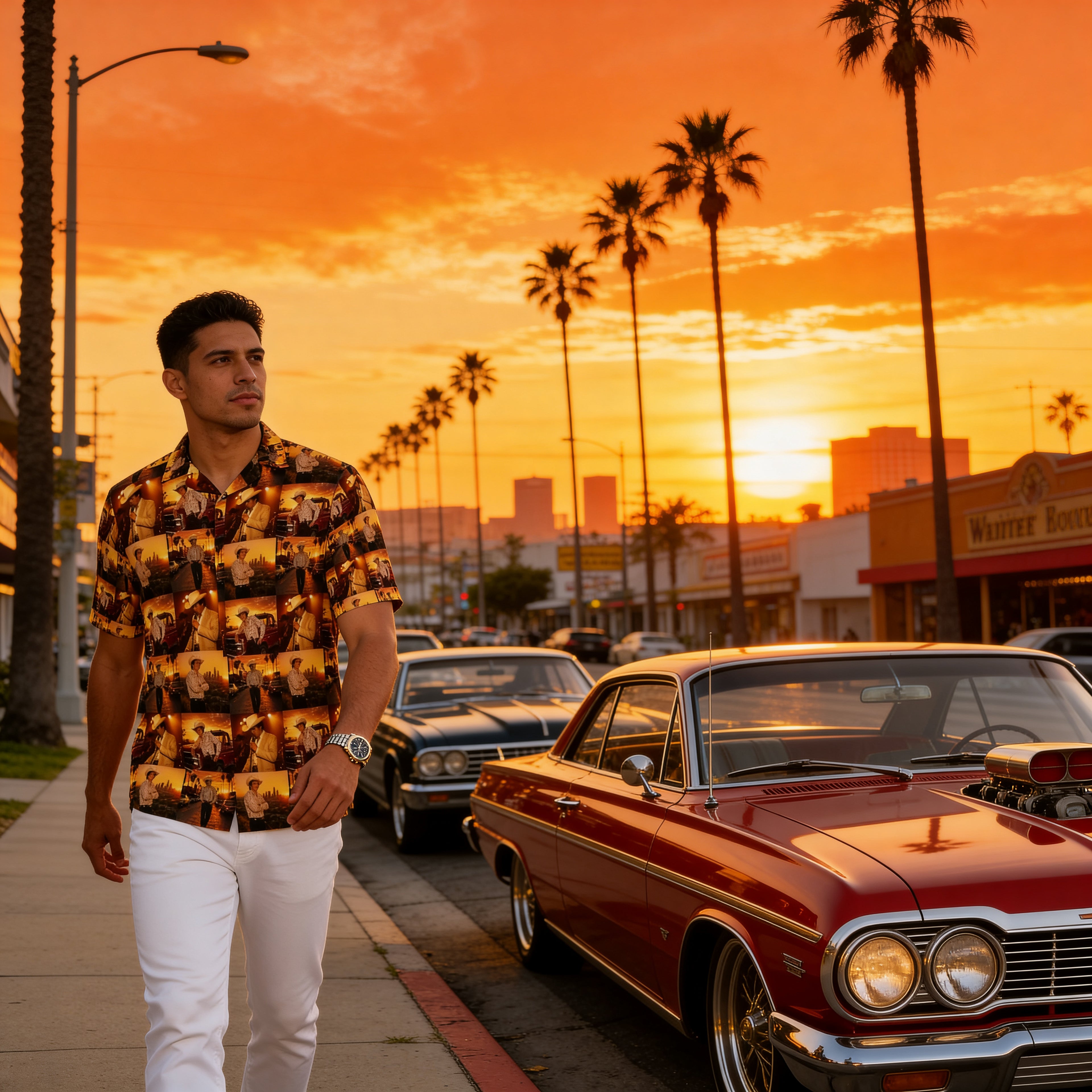 Chalino Sunset Legends | Corrido-Inspired Hawaiian Shirt | Vintage Western Style | California Sunset Print-Down Shirt