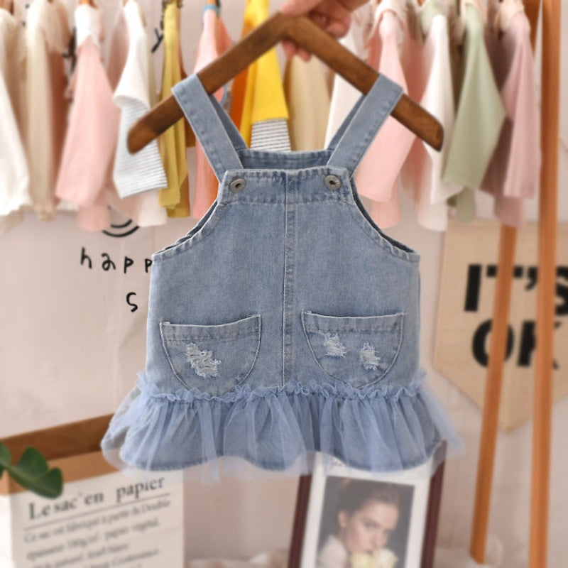 Denim Ruffle Baby Dress — Soft Suspender Romper with Tulle Skirt Detail