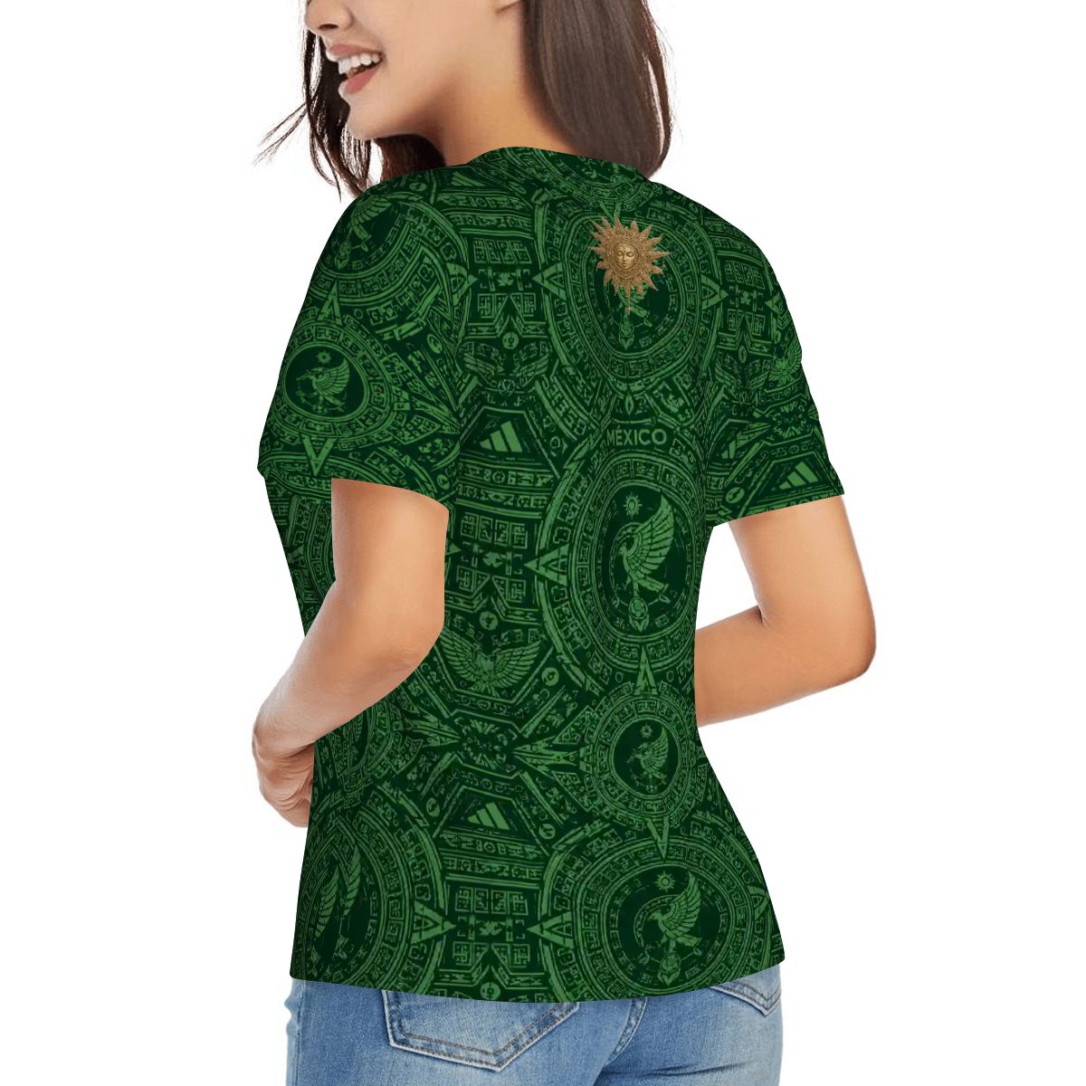 Women's México Heritage Green Performance Shirt | Aztec Soccer Lifestyle| Cultura Prints Co. V-Neck Short-Sleeve T-Shirt