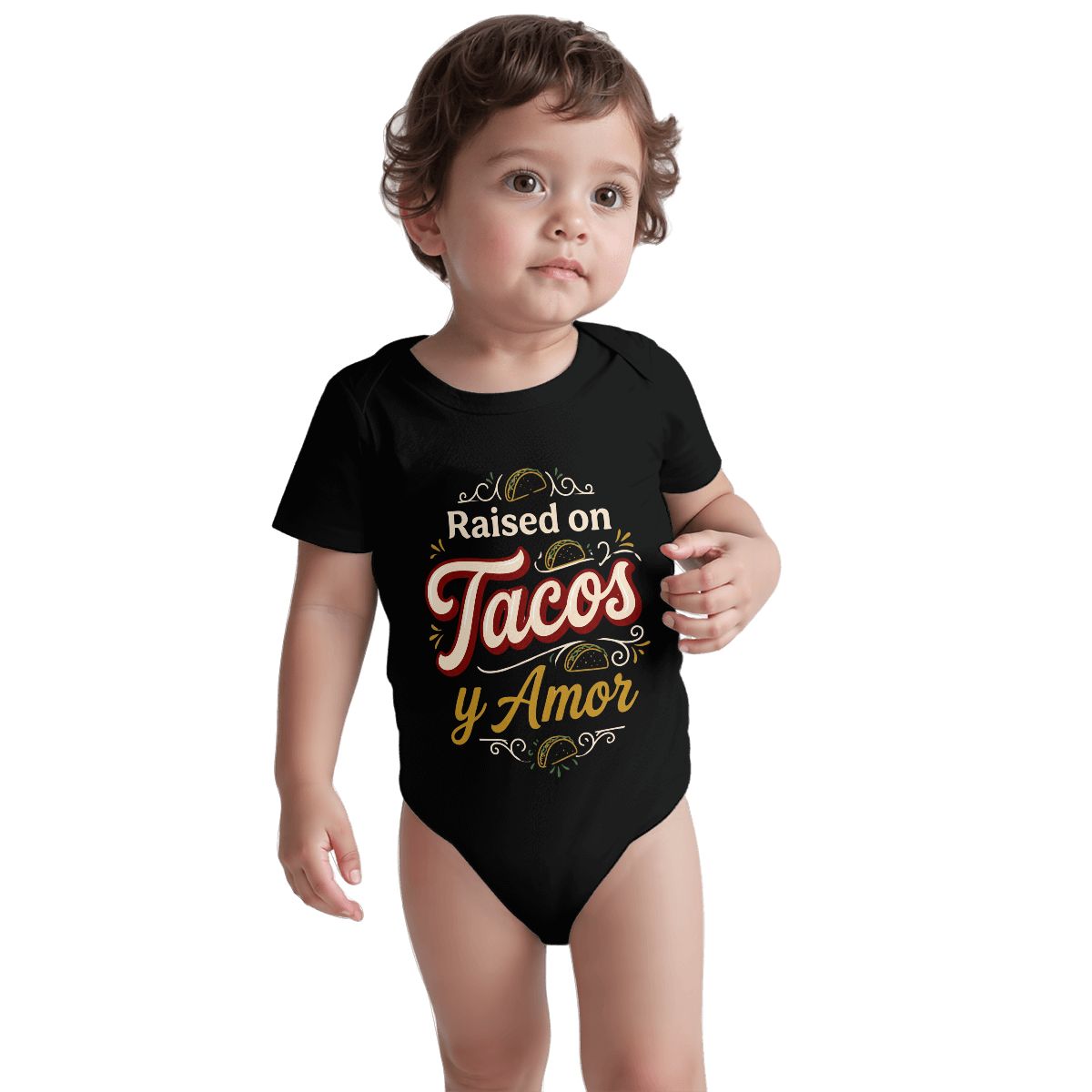 Raised on Tacos y Amor Baby Onesie – Funny Cultura Baby Bodysuit