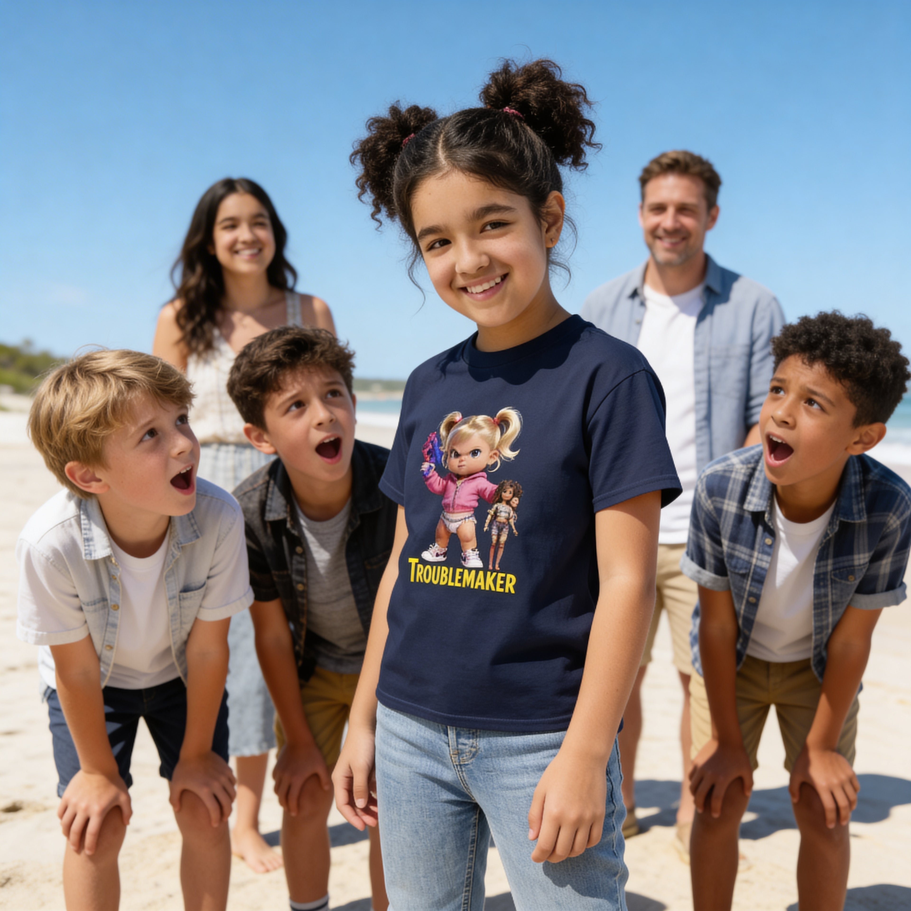 Troublemaker Girl Tee – Attitude Kids Graphic T-Shirt with Doll & Blaster Design