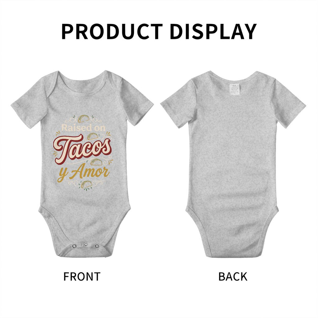 Raised on Tacos y Amor Baby Onesie – Funny Cultura Baby Bodysuit