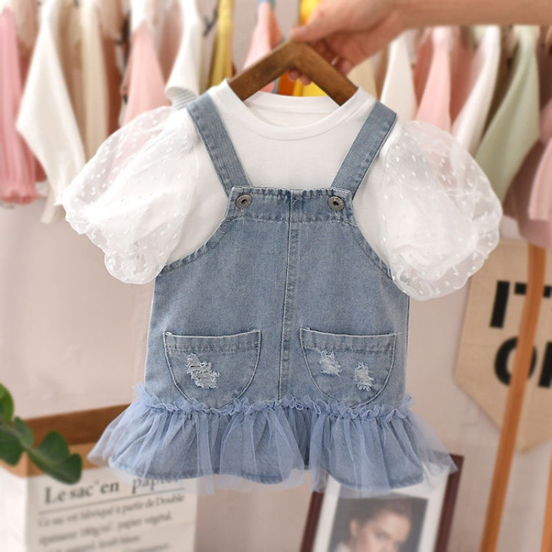 Denim Ruffle Baby Dress — Soft Suspender Romper with Tulle Skirt Detail