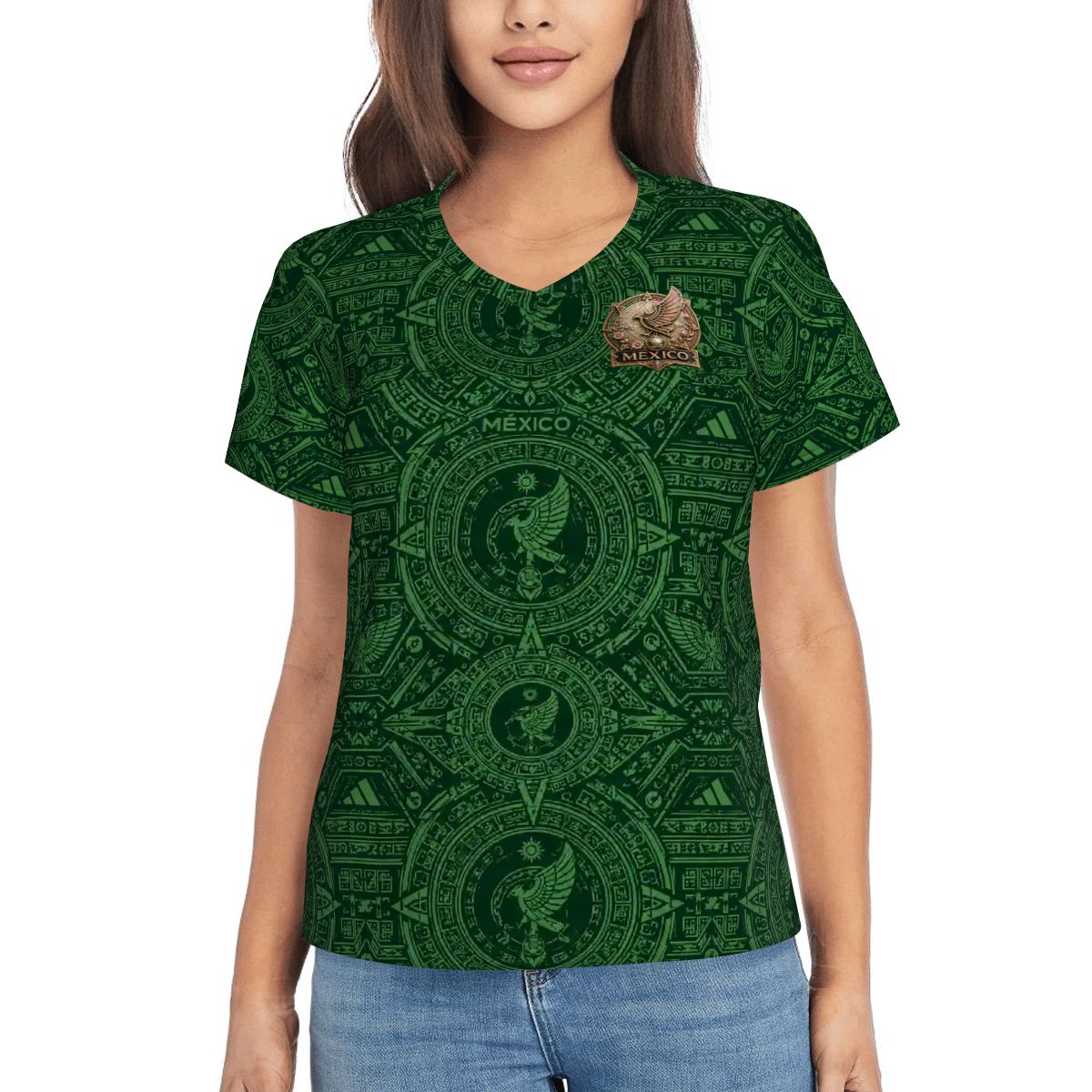 Women's México Heritage Green Performance Shirt | Aztec Soccer Lifestyle| Cultura Prints Co. V-Neck Short-Sleeve T-Shirt