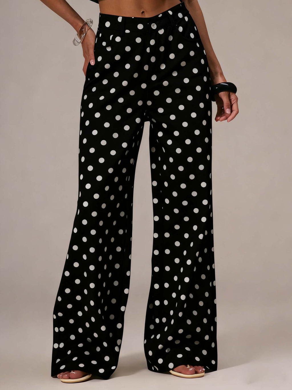 “Polka Dot Wide-Leg Pants – High-Waist Statement Fit”  Mid-rise Non-stretch Jeans