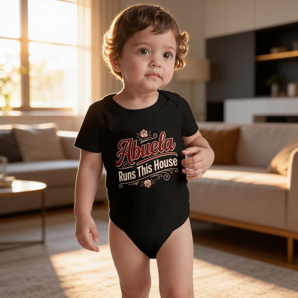 Abuela Runs This House Baby Onesie – Funny Cultura Baby Bodysuit