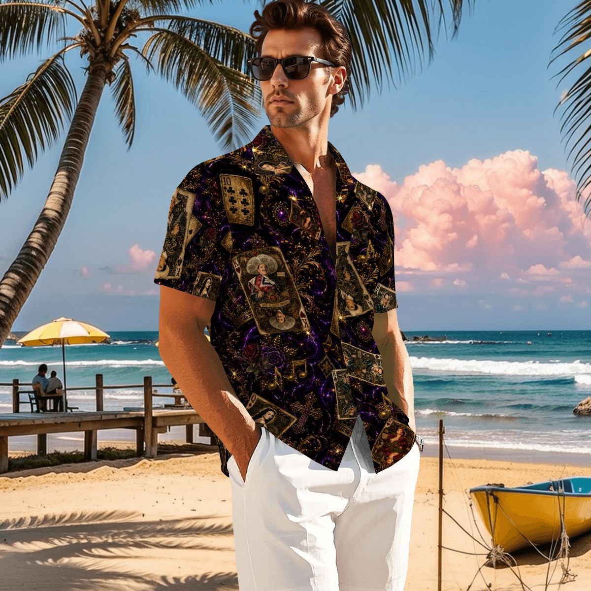 Men's Mexican Music Hawaiian Shirt | Playing Card Button Up | Ranchera, Banda & Corridos | Festival Shirt | Resort Wear-Sleeve Button-Down Shirt