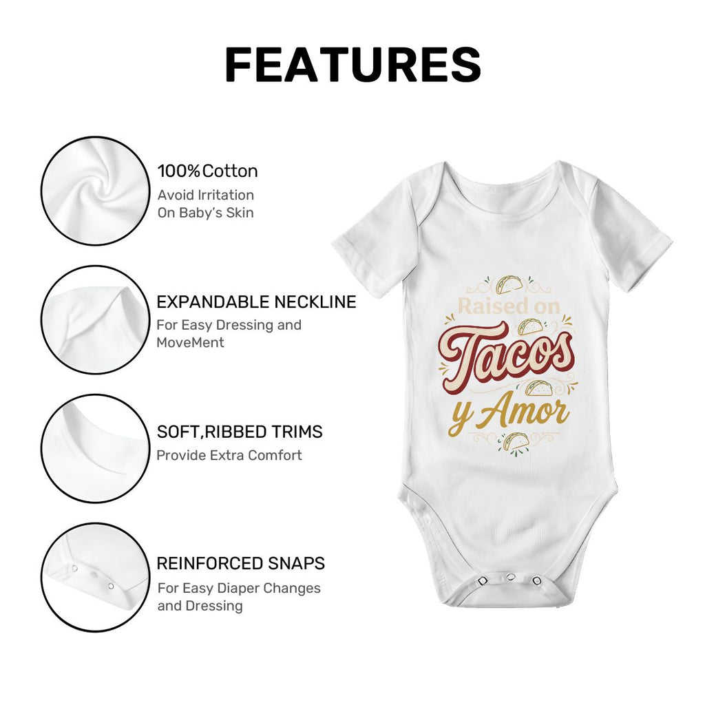 Raised on Tacos y Amor Baby Onesie – Funny Cultura Baby Bodysuit