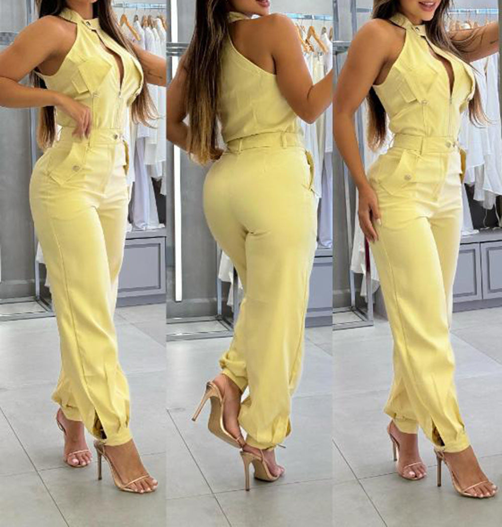 “Halter Neck Two-Piece Set – Tailored Top & High-Waist Pants”
