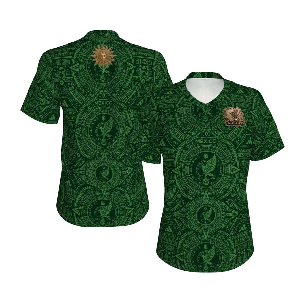Women's México Heritage Green Performance Shirt | Aztec Soccer Lifestyle| Cultura Prints Co. V-Neck Short-Sleeve T-Shirt