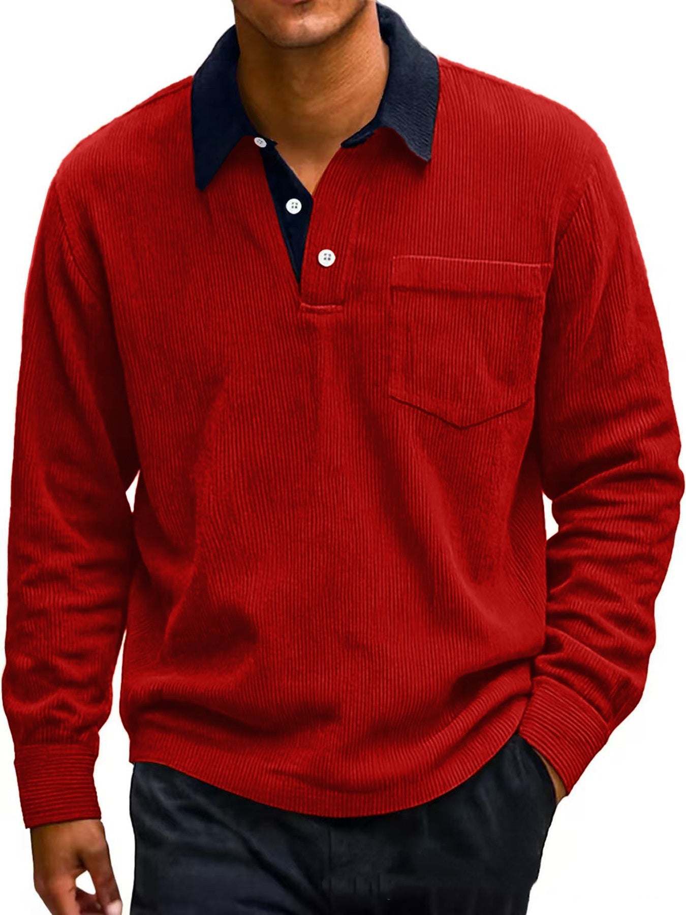 Men’s Vintage Corduroy Polo – Clean Fit Long Sleeve Shirt
