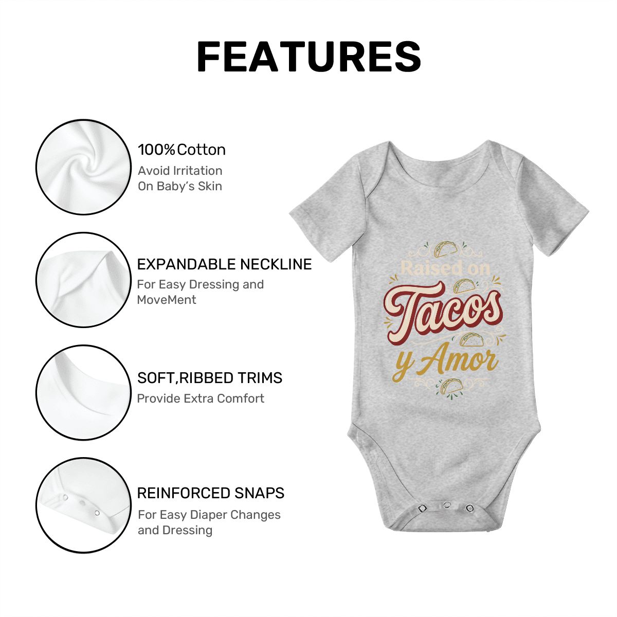 Raised on Tacos y Amor Baby Onesie – Funny Cultura Baby Bodysuit