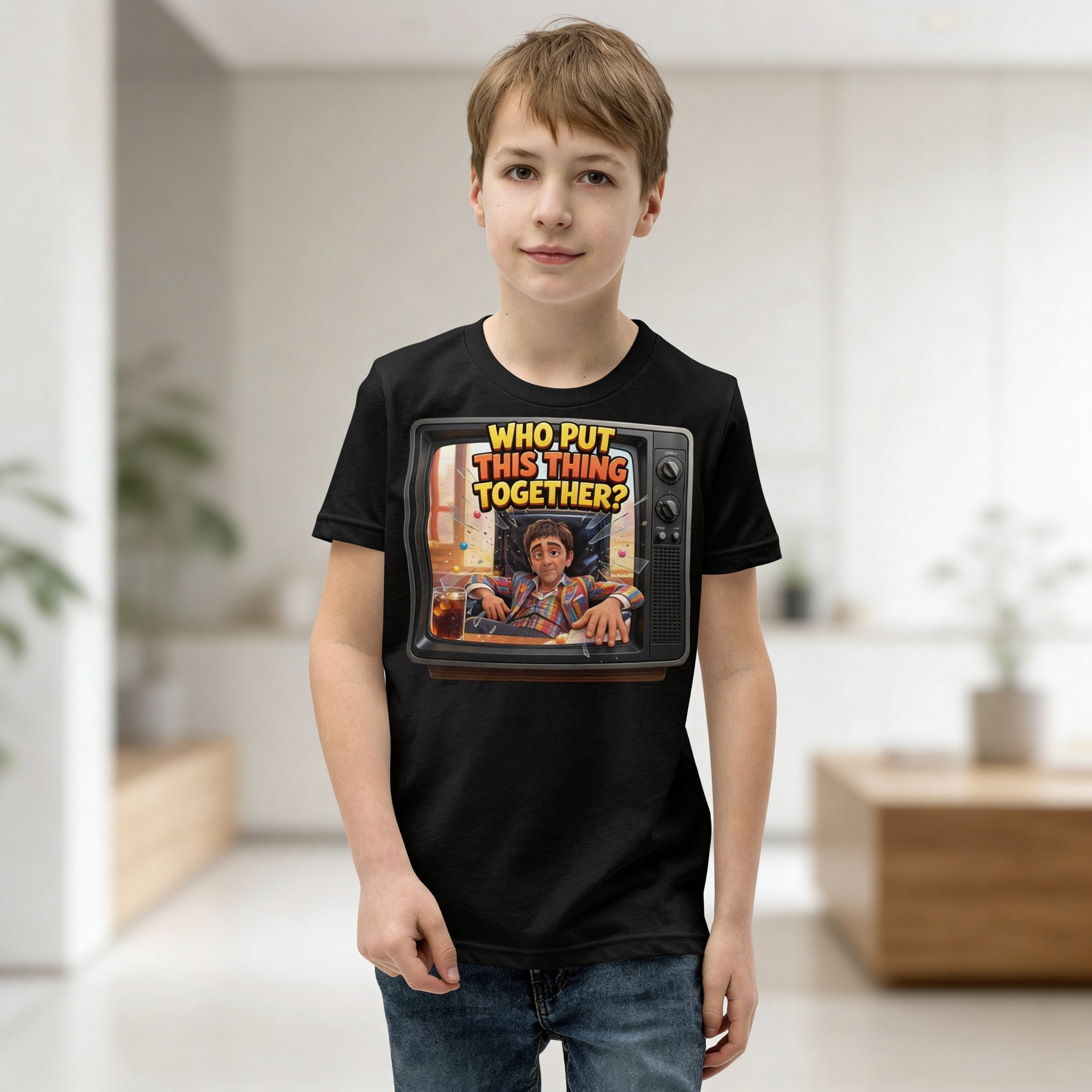 “Who Put This Thing Together?” Funny Kids Graphic Tee – Retro TV Cartoon Shirt