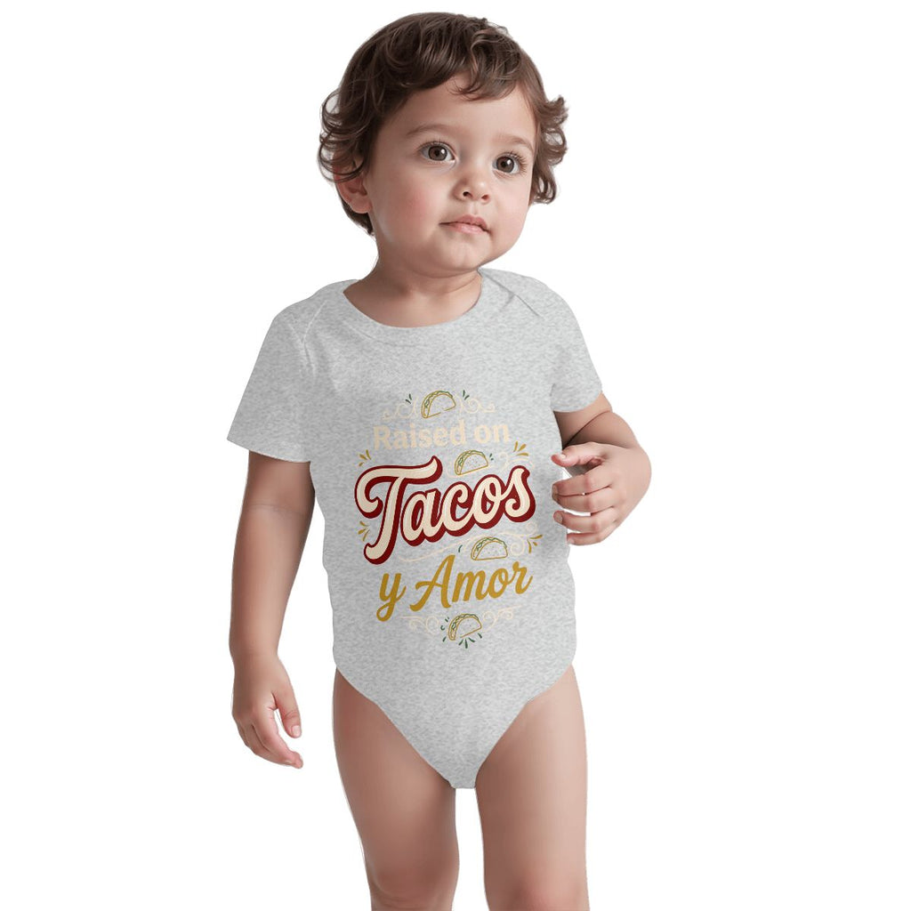 Raised on Tacos y Amor Baby Onesie – Funny Cultura Baby Bodysuit