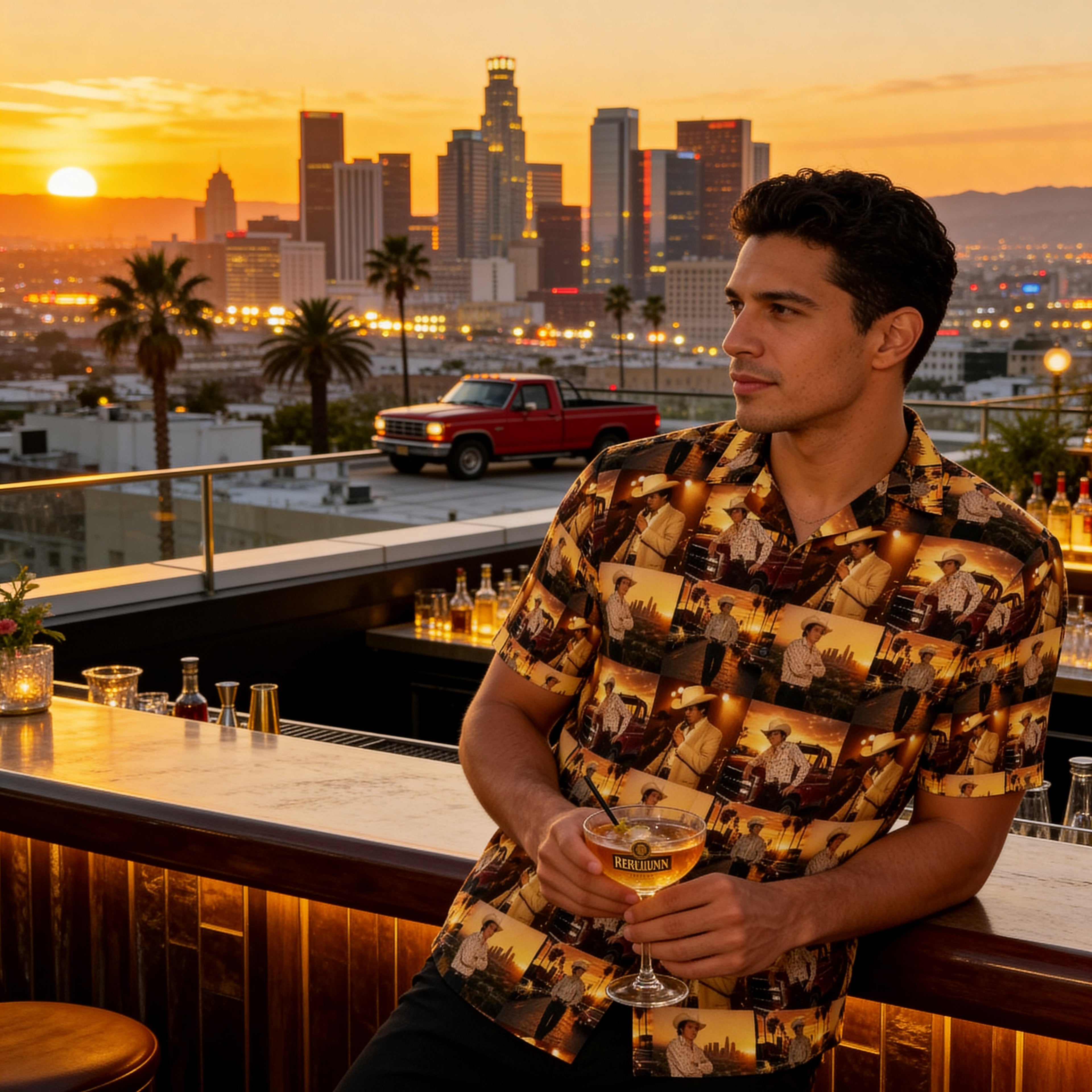 Chalino Sunset Legends | Corrido-Inspired Hawaiian Shirt | Vintage Western Style | California Sunset Print-Down Shirt