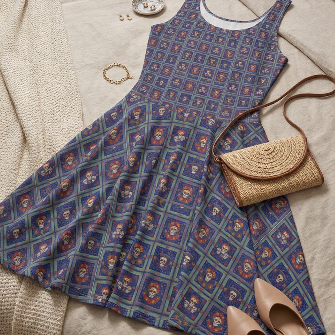 Royal Calavera Market Dress – Vibrant Día de los Muertos Inspired Skater Dress