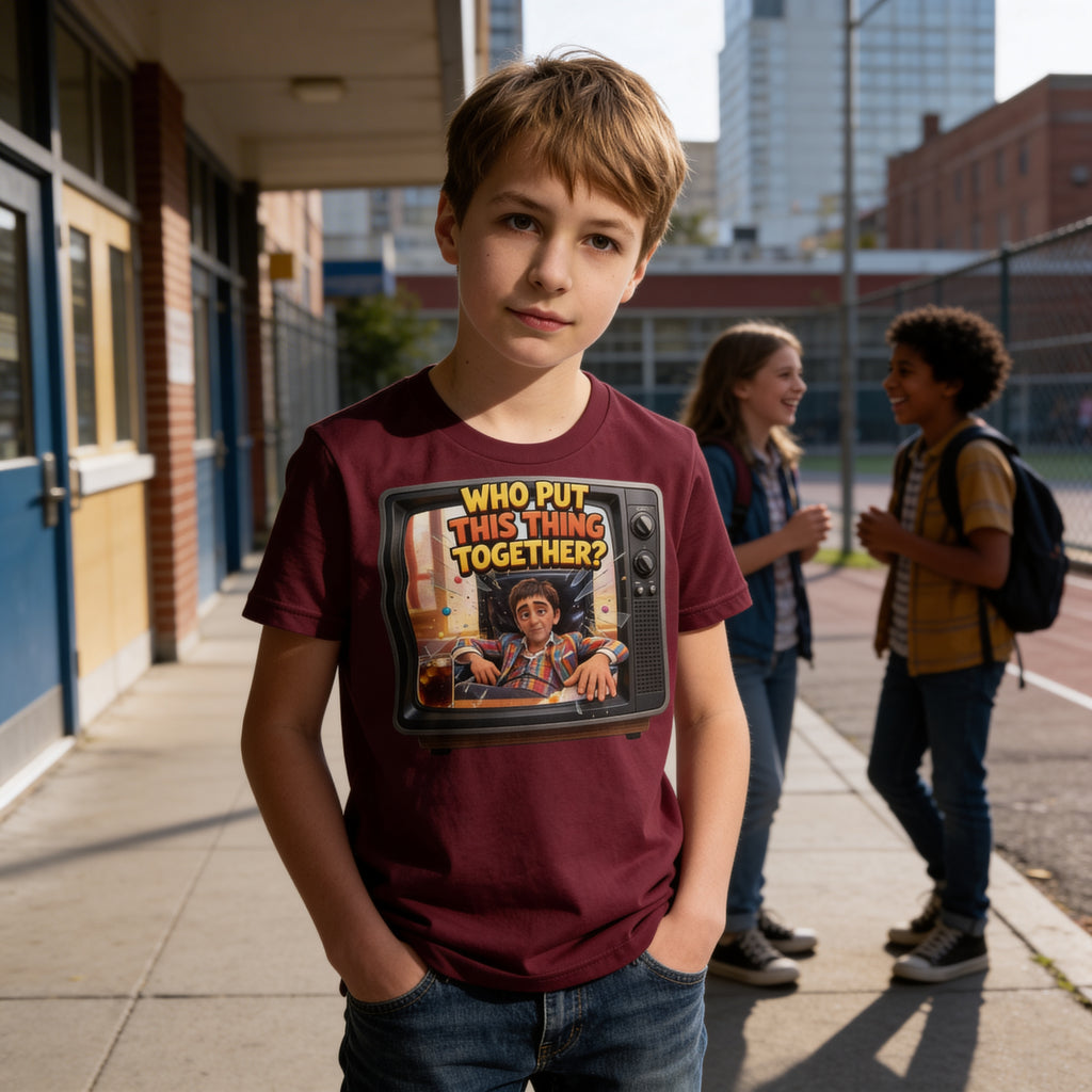 “Who Put This Thing Together?” Funny Kids Graphic Tee – Retro TV Cartoon Shirt