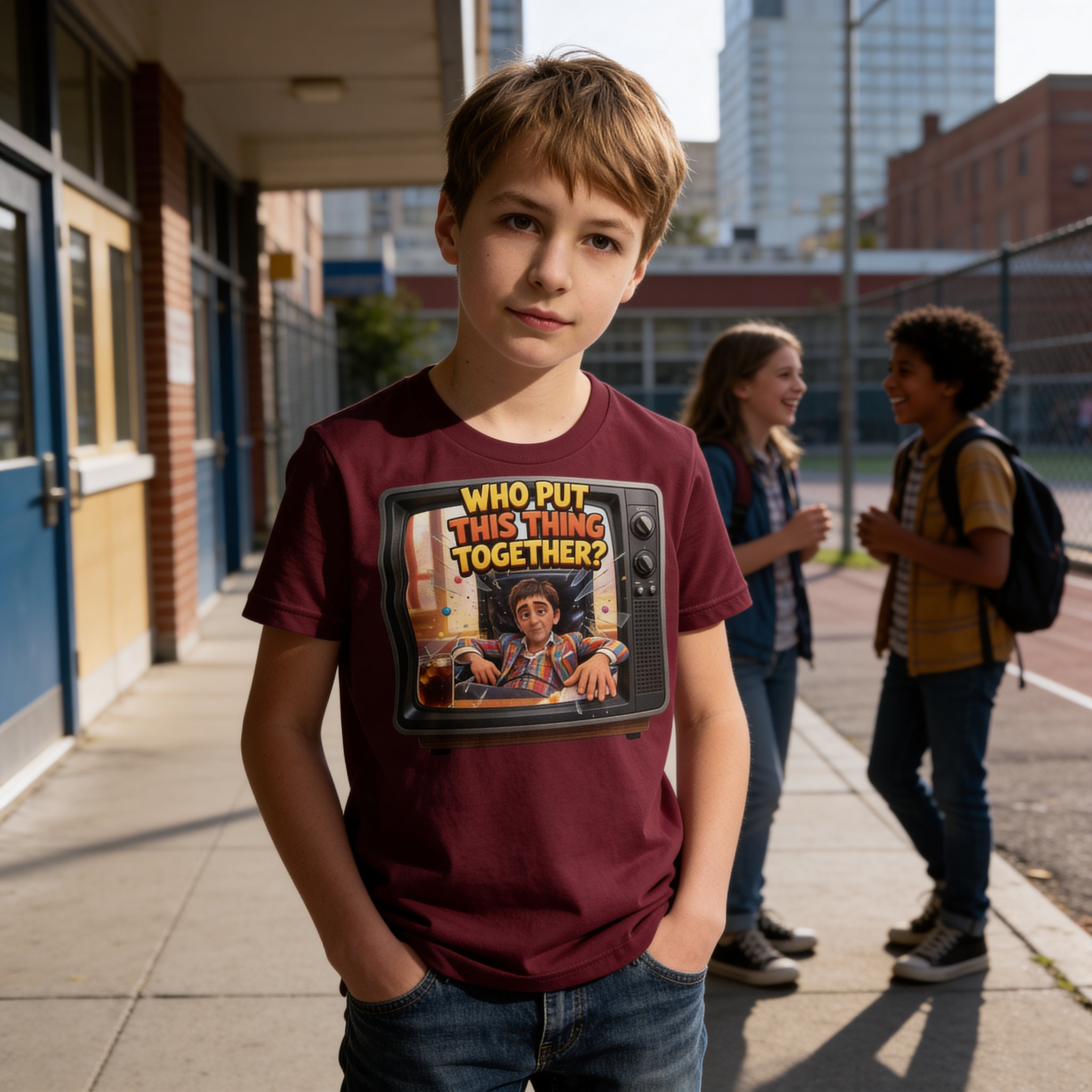 “Who Put This Thing Together?” Funny Kids Graphic Tee – Retro TV Cartoon Shirt