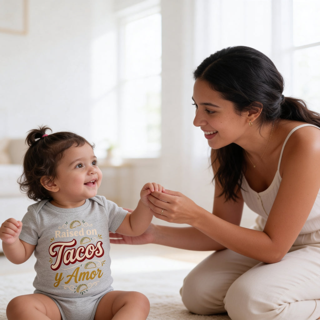 Raised on Tacos y Amor Baby Onesie – Funny Cultura Baby Bodysuit
