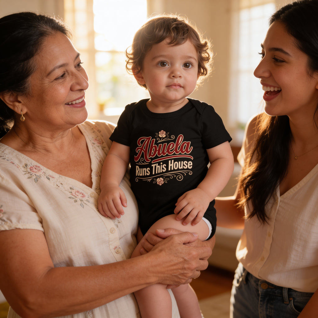 Abuela Runs This House Baby Onesie – Funny Cultura Baby Bodysuit