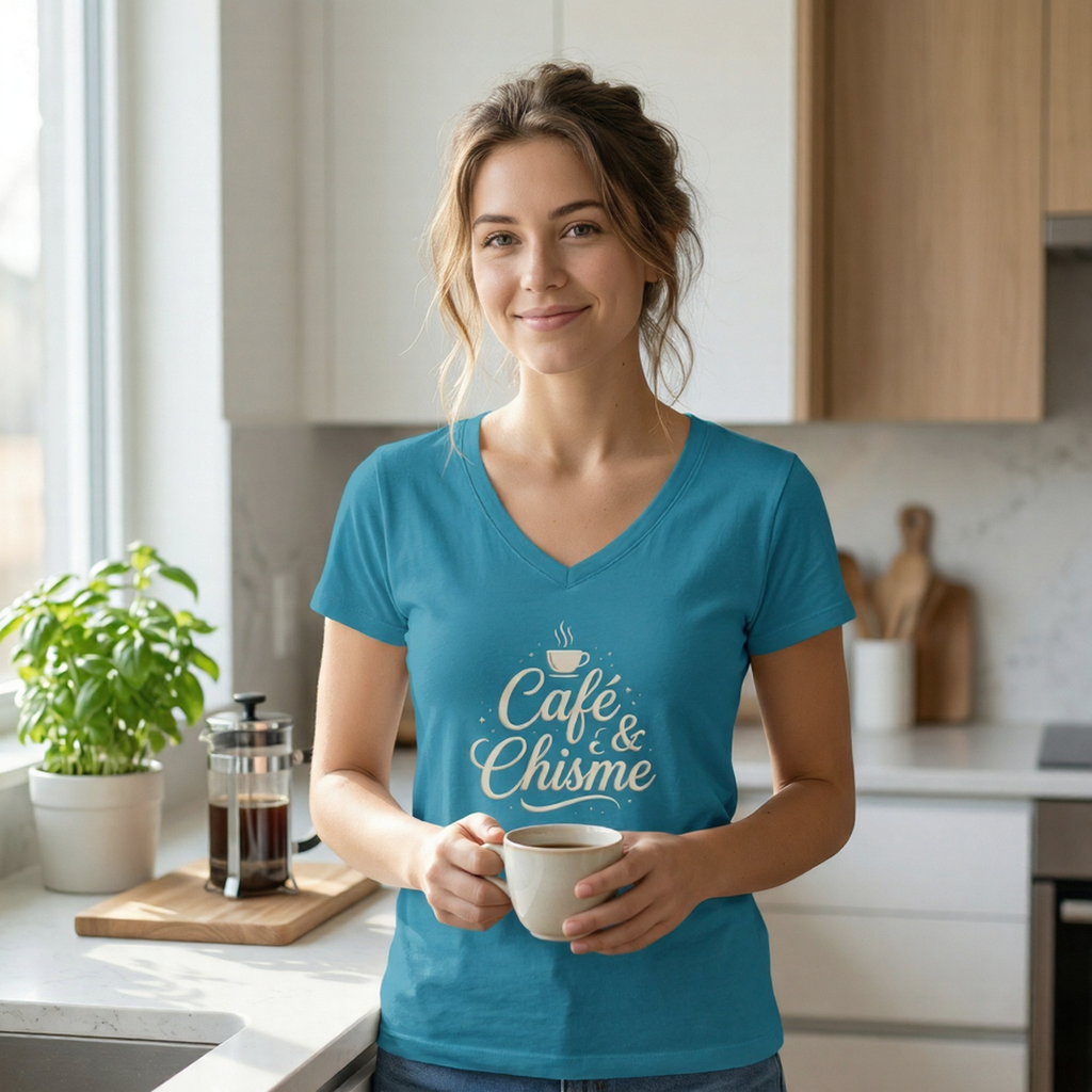 Café & Chisme V-Neck Tee