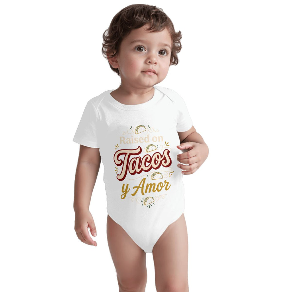 Raised on Tacos y Amor Baby Onesie – Funny Cultura Baby Bodysuit
