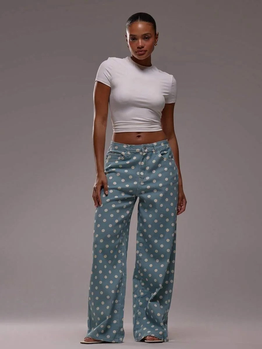 “Polka Dot Wide-Leg Pants – High-Waist Statement Fit”  Mid-rise Non-stretch Jeans