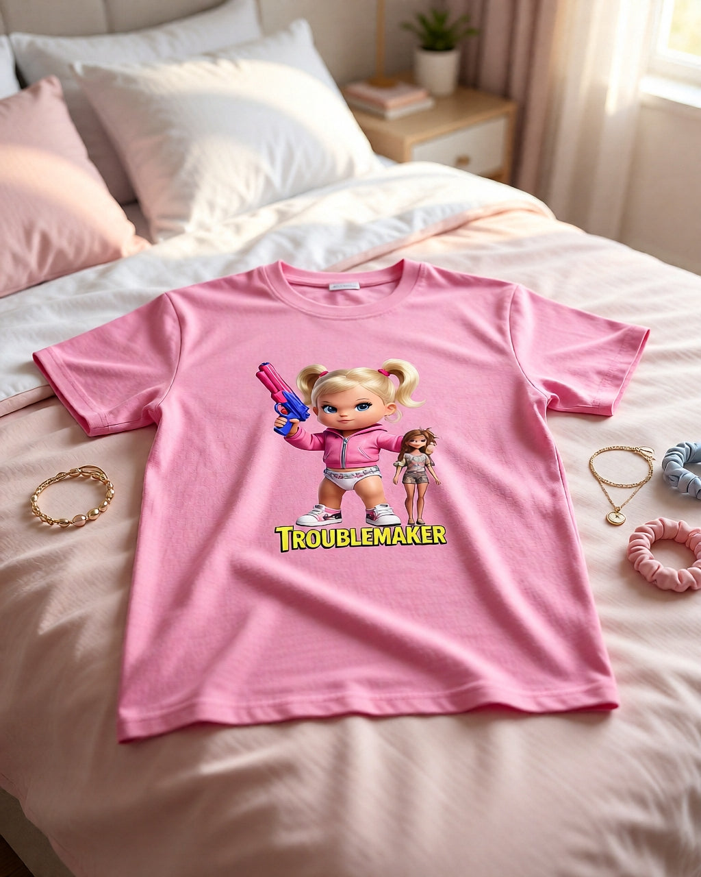 Troublemaker Girl Tee – Attitude Kids Graphic T-Shirt with Doll & Blaster Design