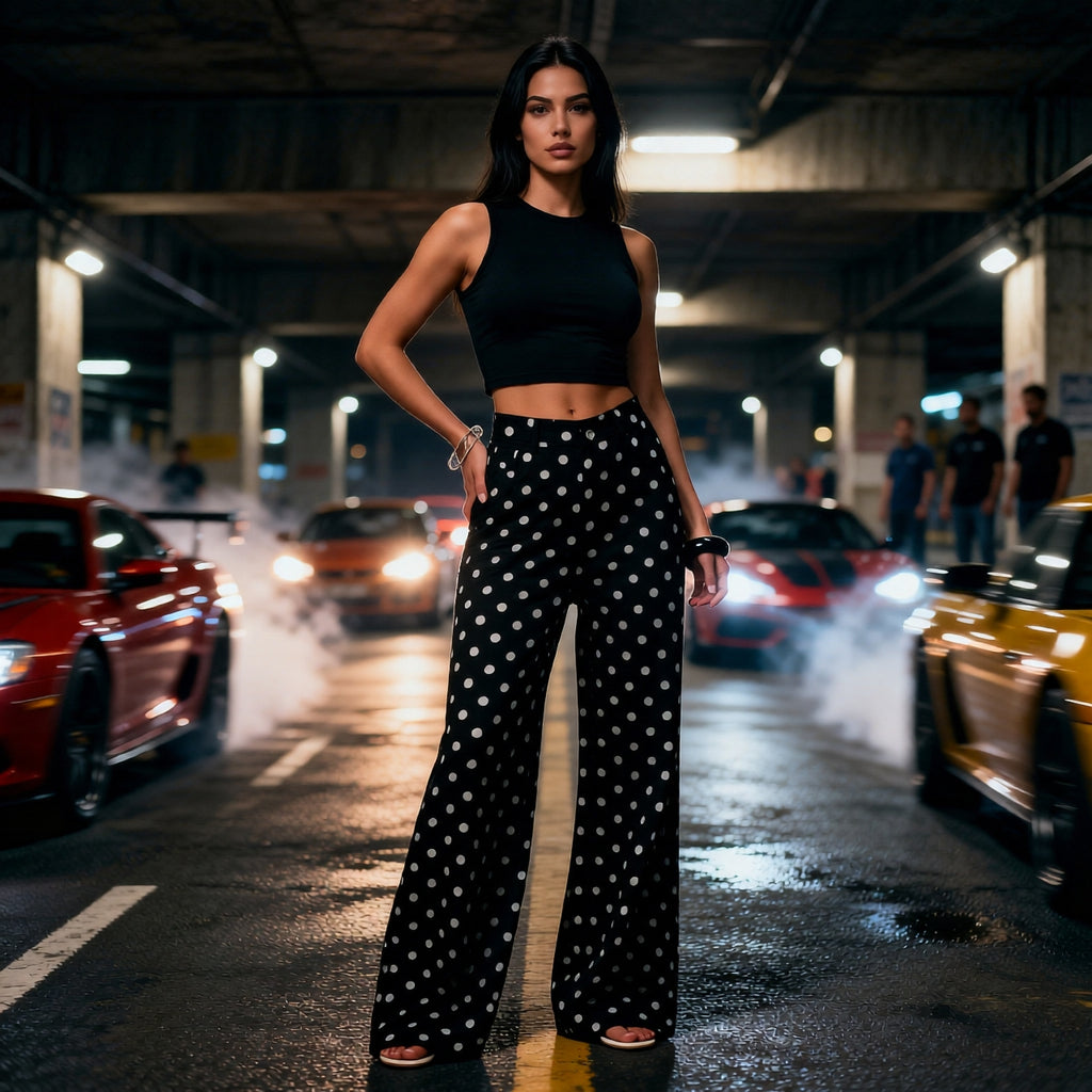 “Polka Dot Wide-Leg Pants – High-Waist Statement Fit”  Mid-rise Non-stretch Jeans