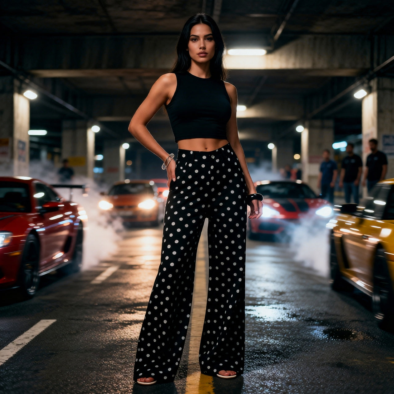 “Polka Dot Wide-Leg Pants – High-Waist Statement Fit”  Mid-rise Non-stretch Jeans