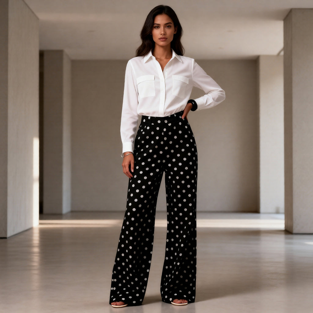 “Polka Dot Wide-Leg Pants – High-Waist Statement Fit”  Mid-rise Non-stretch Jeans