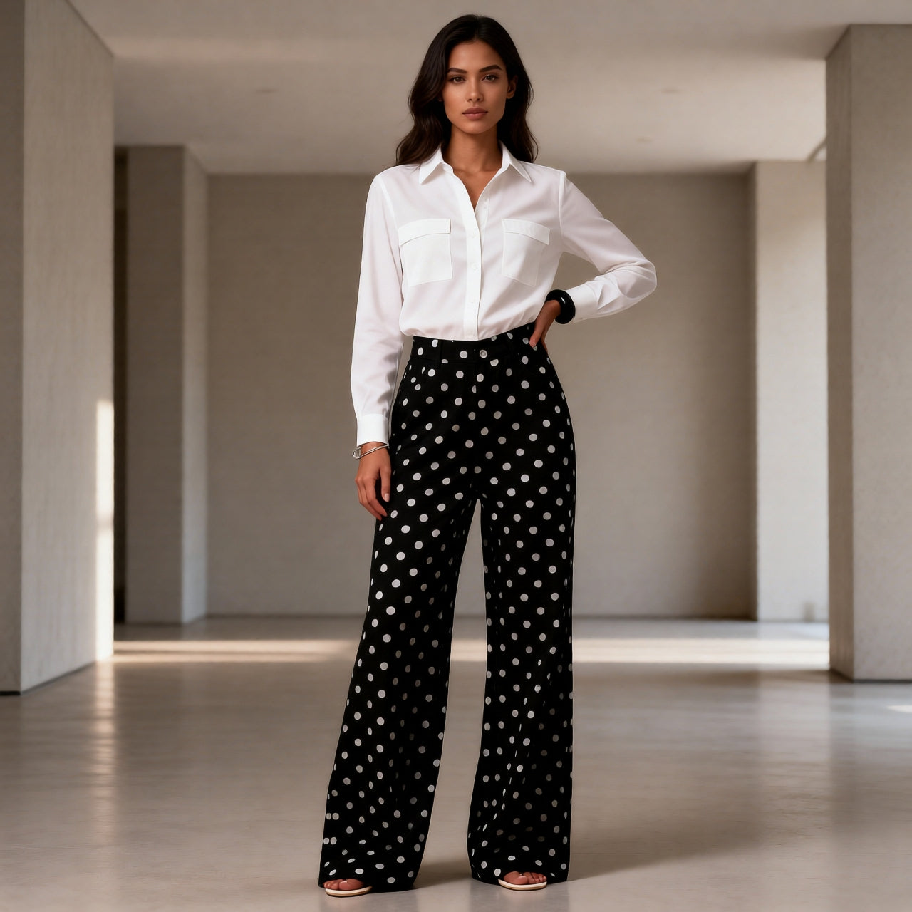 “Polka Dot Wide-Leg Pants – High-Waist Statement Fit”  Mid-rise Non-stretch Jeans