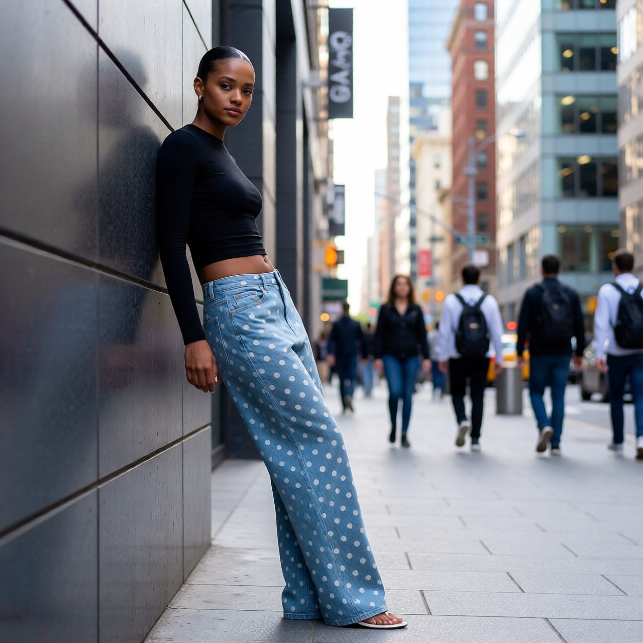 “Polka Dot Wide-Leg Pants – High-Waist Statement Fit”  Mid-rise Non-stretch Jeans