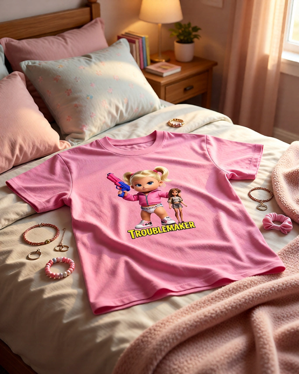 Troublemaker Girl Tee – Attitude Kids Graphic T-Shirt with Doll & Blaster Design