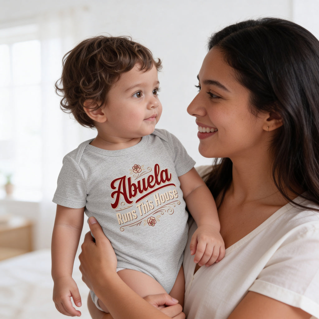 Abuela Runs This House Baby Onesie – Funny Cultura Baby Bodysuit