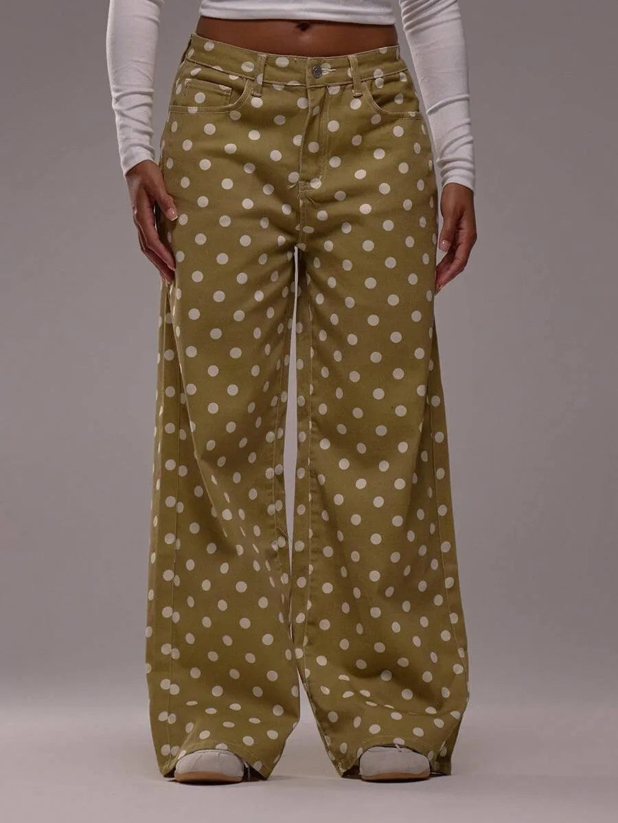 “Polka Dot Wide-Leg Pants – High-Waist Statement Fit”  Mid-rise Non-stretch Jeans